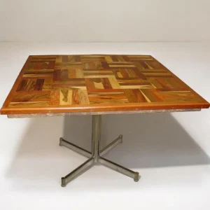 Table Carrée en Mosaïque de Bois Massif et Pied Chromé – Vers 1970